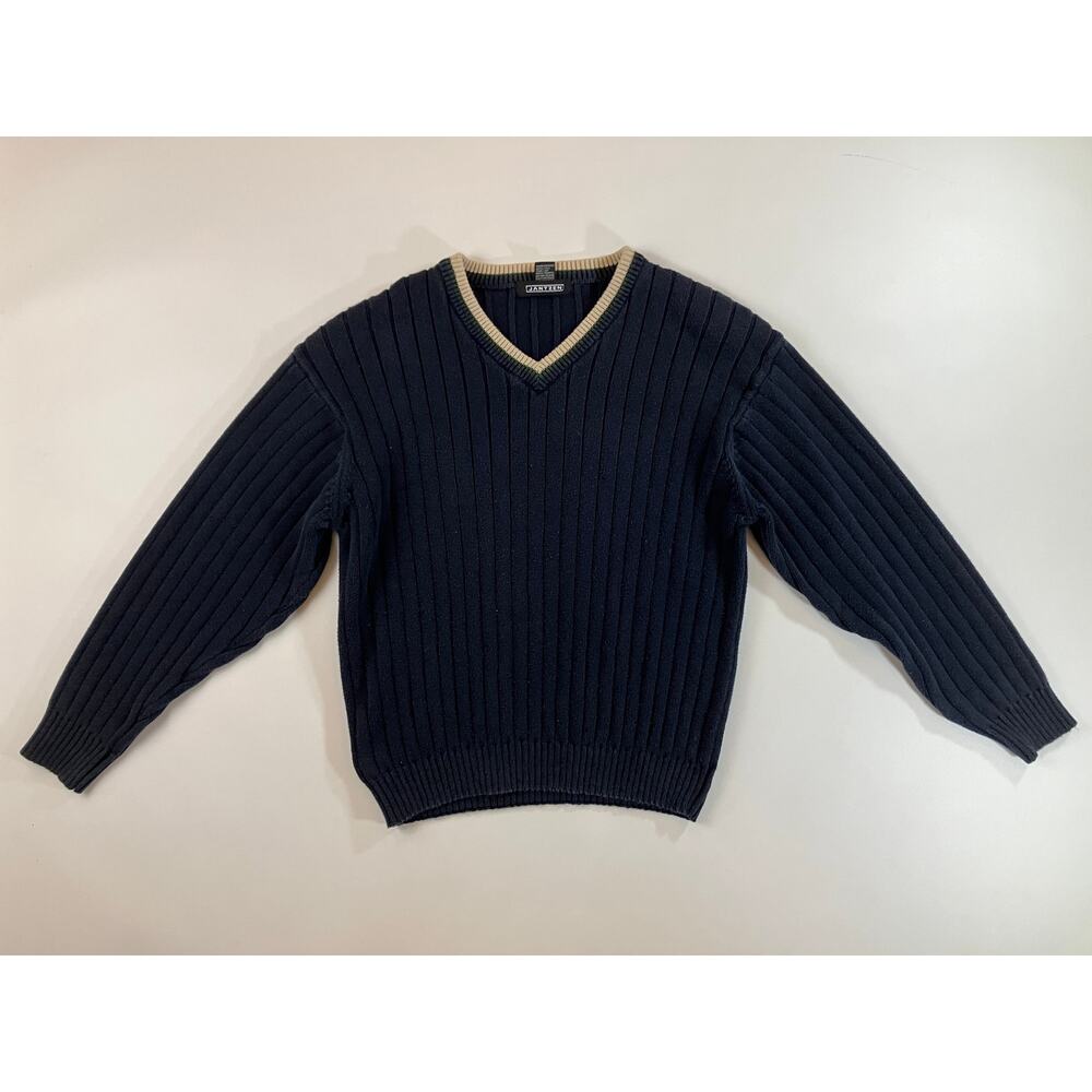 Vintage 90s Jantzen Men XL Navy Ribbed Cotton V Neck Sweater Preppy